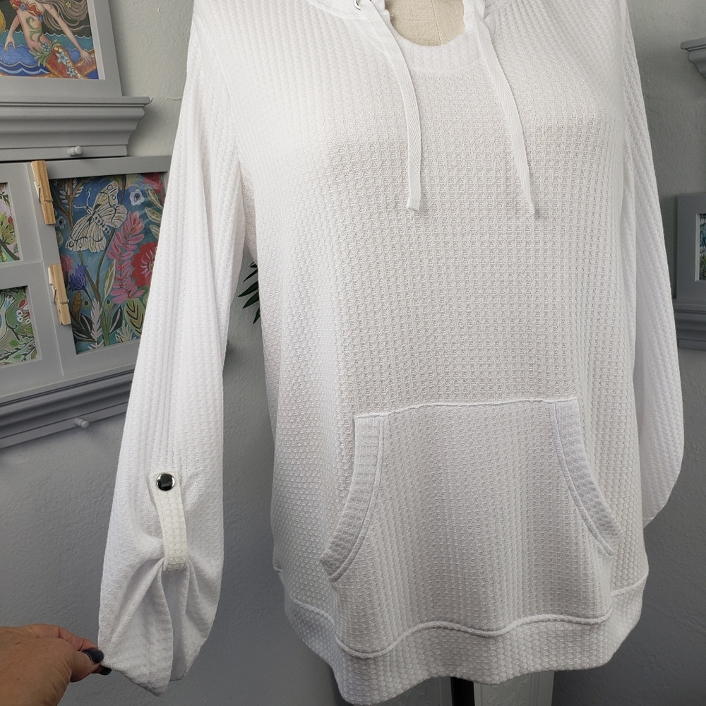 Emily Daniels White Waffle Top w/ Kangaroo Pockets Coastal Preppy Oversized S